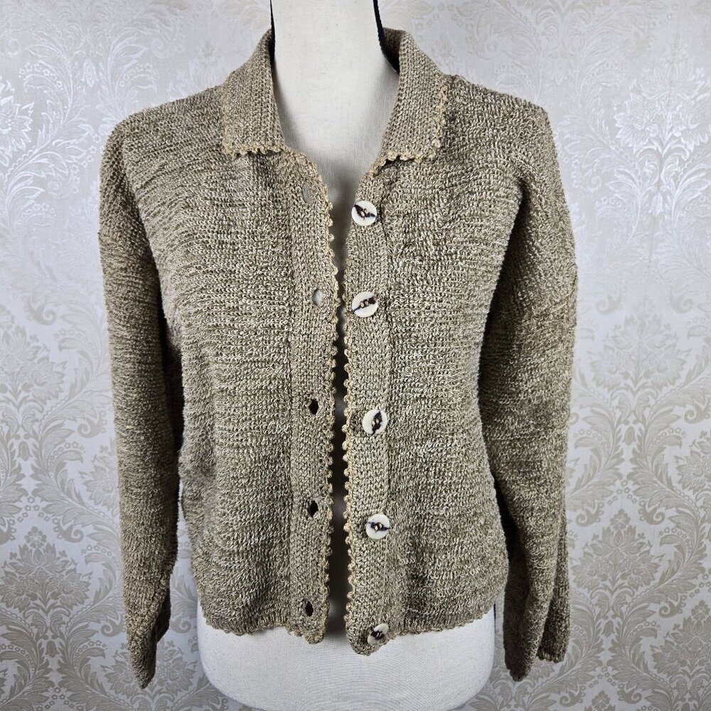 Vintage Flashback Size Small Tan Button Front Cardigan 100% Cotton Boucle